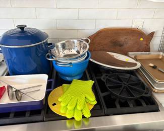 Cooking essentials: Le Crueset stock pot, strainers, baking dishes, cast iron, cutting boards and more!