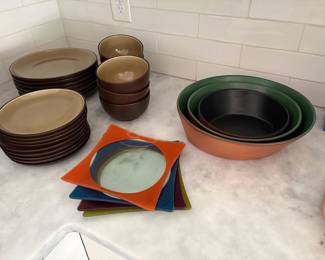 Mid-century modern plates, ceramic dinner ware, and designer pottery bowl