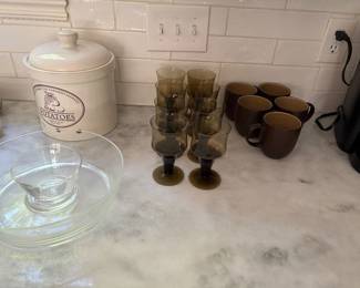 Mid-century brown stemware, cookie jar, and glass chip/dip platter