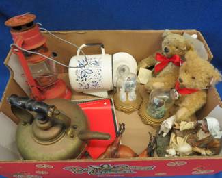 Lot 74. Decorative items including a kerosene lantern, a copper teapot, and more