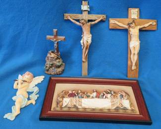 Lot 124. Three crucifixes and other religious wall decor
