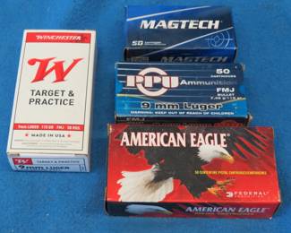 Lot 118. Four boxes of 50 each (200 total) rounds of 9 mm Luger: Winchester Target practice. American Eagle. Magtech. PPU