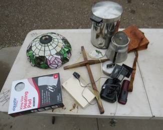 Lot 210. Box lot including a leaded glass shade