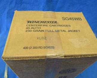 Lot 112. Unopened case of 800 (two boxes of 400 each) Winchester 45-Auto rounds