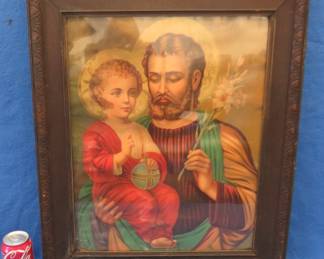 Lot 249. Vintage chromolithograph of Joseph and baby Jesus. 25" x 21"