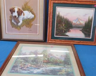 Lot 258. Three framed prints: 29.5" x 26" First Feathers English Springer Spaniel print by Harry Tollas. 28" x 24" Lake and mountain scene. 31" x 25" River and mountain scene by Lee Parkinson.