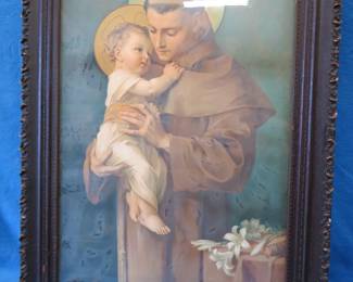 Lot 263. 43" x 21" framed print of St. Anthony of Padua holding baby Jesus