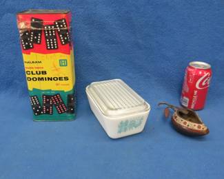 Lot 227. Vintage Halsam dominos, brass ashtray, and a Pyrex refrigerator dish