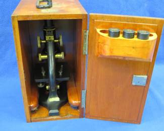 Lot 20. Vintage Spencer Buffalo microscope in a wooden storage case
