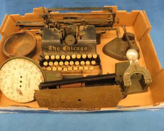 Lot 223. Very old typewriter, two hanging scales for parts, and more