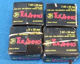 Lot 110. Four boxes of approx. 20 each (approx. 80 total) Tulammo 7.62 x 39 mm rounds