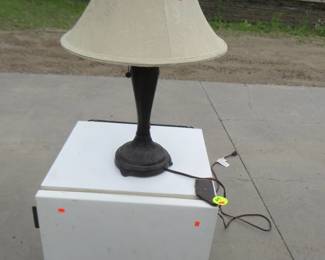 Lot 219. Dorm room refrigerator and lamp. Powers up