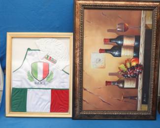 Lot 331. Framed actual Italian chef's hat and apron and a framed wine print