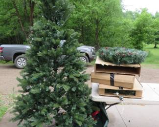 Lot 180. Artificial Christmas tree with lights and three Christmas wreaths