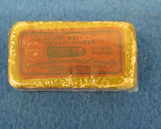 Lot 344. Owner wrapped box of Remington Lesmok 22 shorts. Box feels full and is in fair condition.