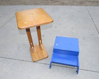 Lot 195. Oak plant stand and a wooden stool