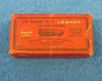 Lot 340. 50 vintage Remington Lesmok 22 shorts. Box appears full but some rounds are starting to corrode and we didn't try to open. Box is in good condition.