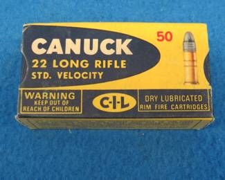 Lot 348. 50 Remington 22 long rifles in a Canuck 22 long rifle box that is in very good condition