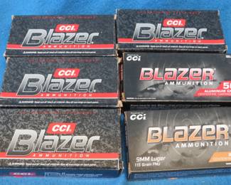 Lot 119. Five boxes of 50 each, aluminum and one box of 50 brass (300 total) CCI 9 mm Luger rounds and a metal ammo box