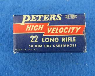 Lot 342. 50 Peters High Velocity 22 long rifles. Box is in very good condition.