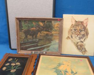 Lot 333. Original painting on wood, Old Ironsides, and more. Actual painting in a wooden hinged frame that opens. Framed print of Old Ironsides. Moose by Bob Kuhn from the Seagram collection. And more.