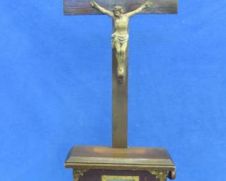 Lot 33. Wooden statue with rolling paper stations of the cross. 10W x 26H x 3D inches
