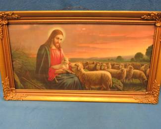 Lot 252. Jesus and lambs picture in a wooden gold ornate scrollwork frame. 31" X 17.5"