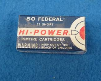 Lot 345. Owner wrapped box of 50 Federal Hi-Power 22 shorts. Box feels full and is in excellent condition.