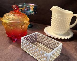 Amberina Candy Dish Carnival  Hobnail Glass