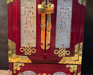 Vintage Chinese Jewelry Box With Jade And Brass Accents