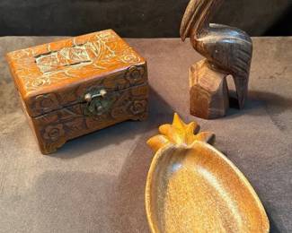 Carved Chinese Jewelry Box  Monkey Pod Bowl  Carved Pelican