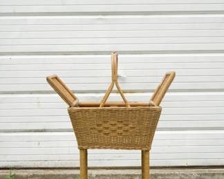 Heywood Wakefield wicker sewing stand with hinged lid and shelf
