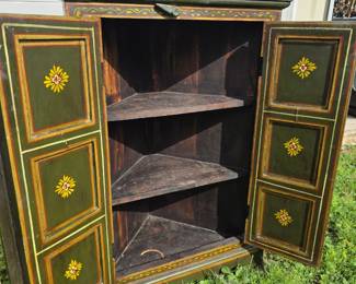 Antique Hand-painted Bird Motif Corner Cabinet