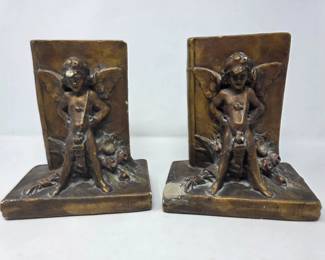 72 VintageChalkwareBronzePaintedCupidBookends