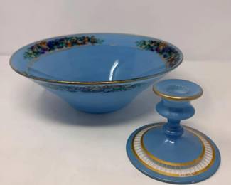 41 ArtDecoBlueGlassCandlestickFruitBowl