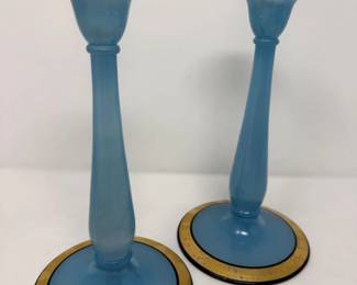 40 2AntiqueArtDecoWestmorelandGlassCoCelesteBlueCandlesticks