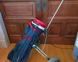 181 VintageLeonardo3WayDividerBlueRedGolfBagWithFoldingCart