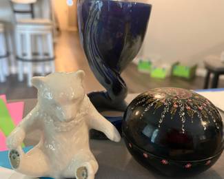 Lenox bear, Russian painted bowl with painted eggs