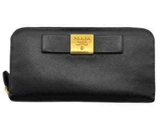 Prada Saffiano Leather Zip Around Wallet Black w/ Gold Logo Plate