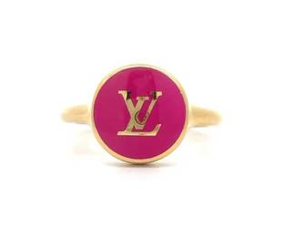 Louis Vuitton Gold Tone LV Pink Enamel Ring