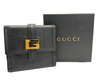 Gucci Black Leather G Buckle Compact Wallet + Box