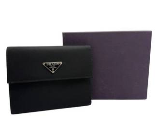 Prada Black Saffiano Leather Trifold Wallet + Box