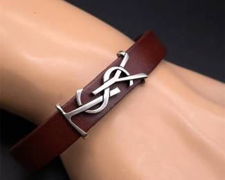 Saint Laurent YSL Brown Leather Monogram Bracelet 7.5"