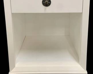 362 - Wildwood Beverly Bedside Table (Description): 28 x 20 x 20, damage on corner, Enhance your master or guest bedroom with our Beverly bedside table, a mid-century modern design featuring one drawer and a shelf for ample storage. Crafted from wood with beveled edges and stainless steel hardware