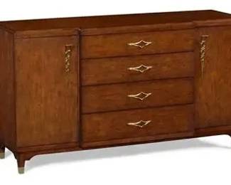 11 - Alden Parkes Allegra Sideboard (Description): 35 x 62 x 21, The Allegra Sideboard can function as a media console, hallway console or sideboard. It is available in a warm walnut finish accented with our solid brass hardware. With the adjustable interior shelving and drawers, the sideboard offers abundant storage options.