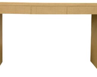 213 - Chelsea House Drop Zone Console (Description): 3 drawer, 36 x 54 x 12, The stunning simplicity of this piece belies it's beauty and utility. The versatile console has the perfect depth for most any space. It features three subtle drawers for needed storage and is covered in cream-colored raffia. Designed by Elizabeth Wicker.
