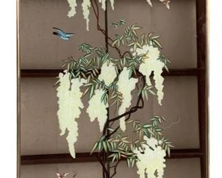 301 - Floor Mirror w/ Incised Asian Tree & Butterflies (Description): 62 x 28