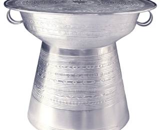 13 - Alden Home Indonesian Water Drum Table (Description): 23x27x27, This authentic hand-made metal Indonesian Water Drum Table is hand-hammered by artisans and was originally used to carry water to the home. Available in silver leaf with a white wash.