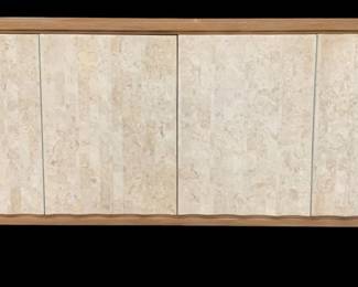 246 - Chelsea House Lando 4 Door Cabinet (Description): 34 x 73 x 18, The lando cabinet is a perfect blend of natural materials and contemporary design, making it a stylish addition to any room. Crafted with a sleek oak wood finish, this cabinet offers a warm and inviting look, while its white stone doors add a touch of modern sophistication and contrast. Inside, the cabinet features two spacious shelves, providing ample storage space for your essentials.