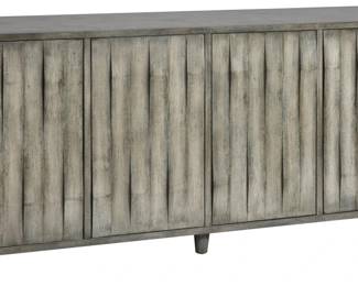 104 - Elk Marketplace Seychelles Credenza 34x72x19 (Description): The Seychelles 4-Door Credenza is a versatile wood storage cabinet with four push-open drawers with inner shelving. Door fronts feature a vertical stripe pattern that is carved into the wood, creating a rippling effect.